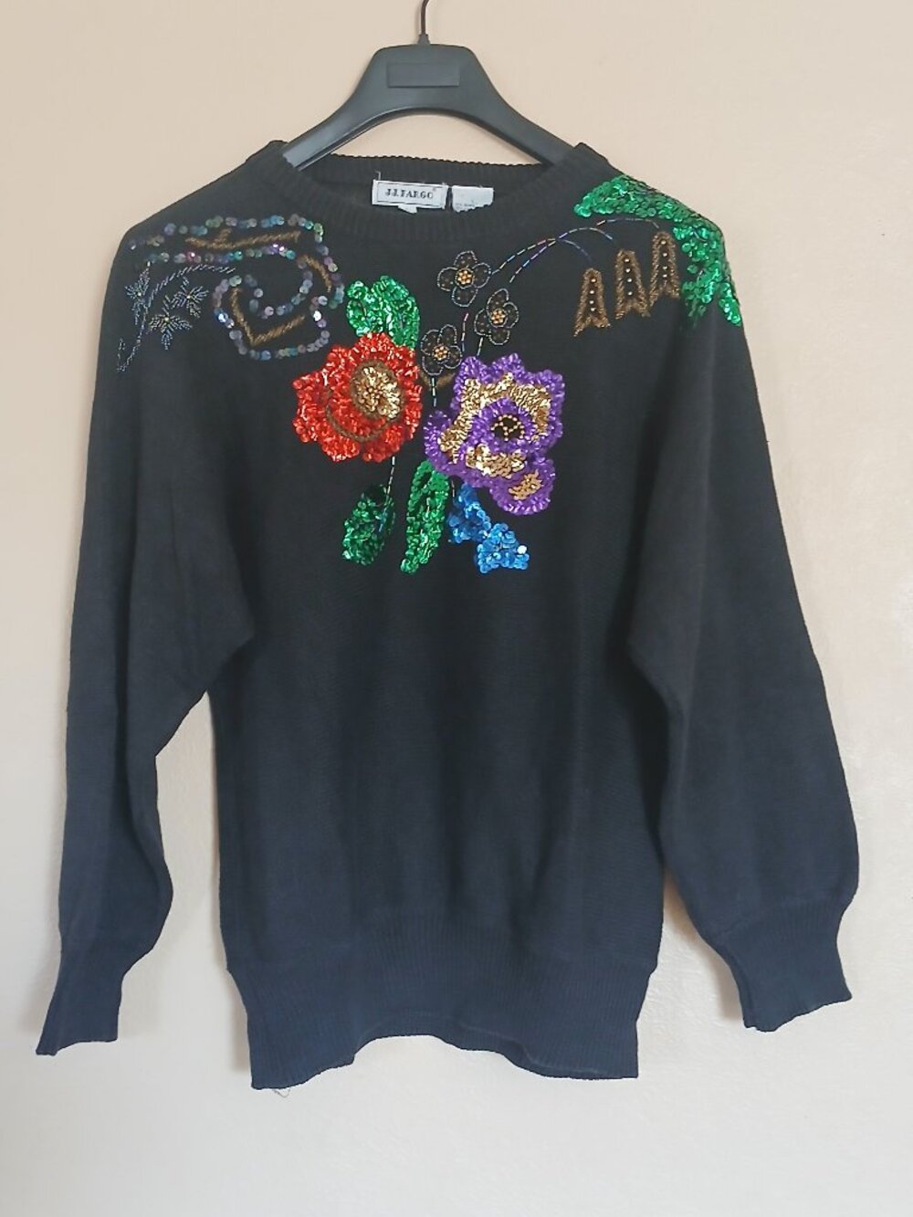 Vintage JJ. Fargo Black Sweater with Floral Sequins Women's Large